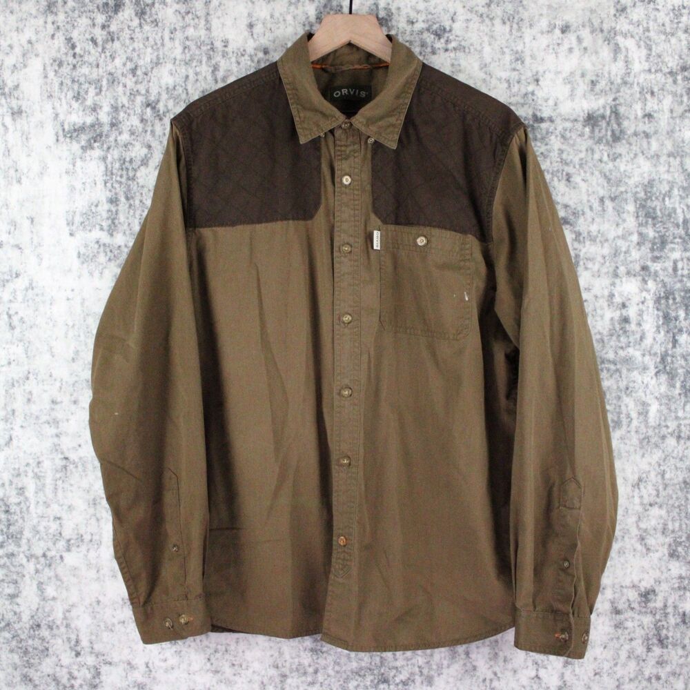 Orvis Sportsman Shooting Shirt L Button Down Two Tone Olive Green Brown Cotton